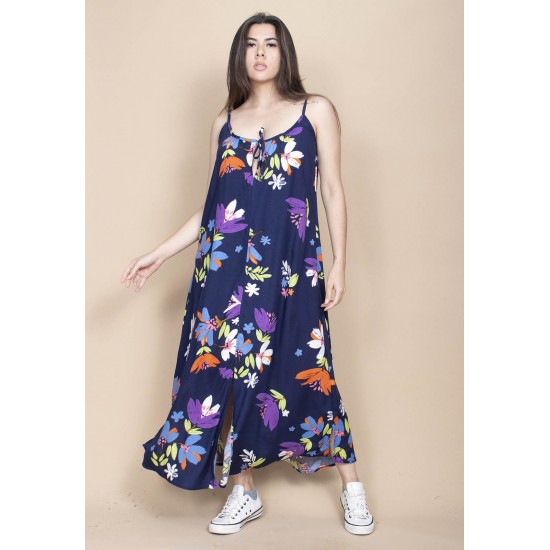 Vestido Longo Caçuá Viscose Alça Fina Estampa Festa das Flores Azul