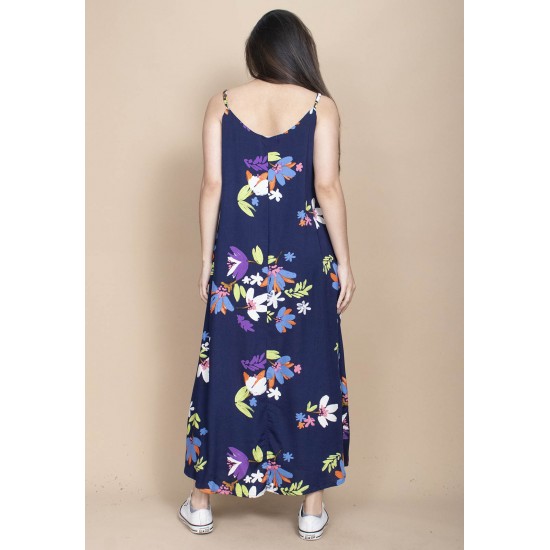 Vestido Longo Caçuá Viscose Alça Fina Estampa Festa das Flores Azul