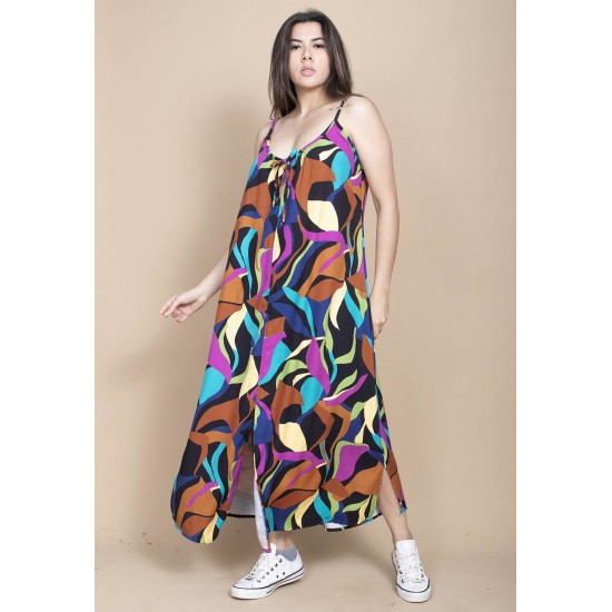 Vestido Longo Caçuá Viscose Alça Fina Estampa Aurora Urbana