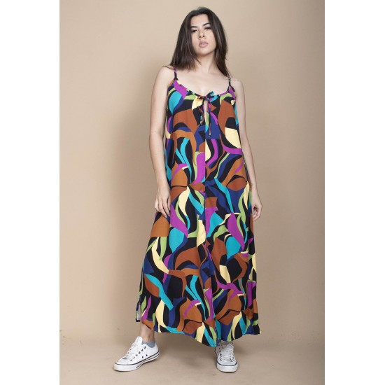 Vestido Longo Caçuá Viscose Alça Fina Estampa Aurora Urbana