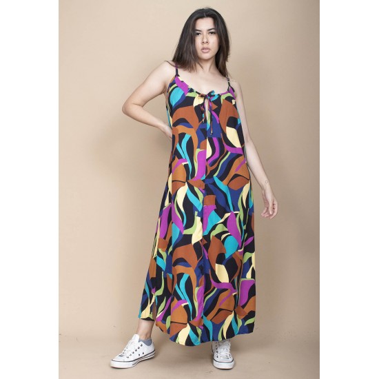 Vestido Longo Caçuá Viscose Alça Fina Estampa Aurora Urbana