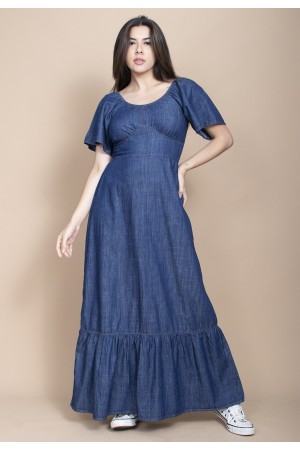  Vestido Jeans Longo com Manga Angel Azul