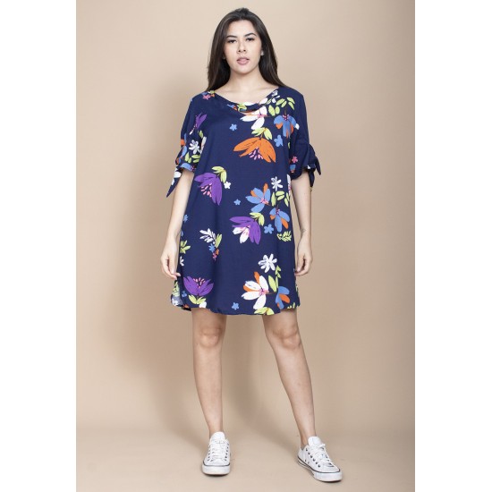 Vestido Curto Plano Estampa Festa das Flores Azul