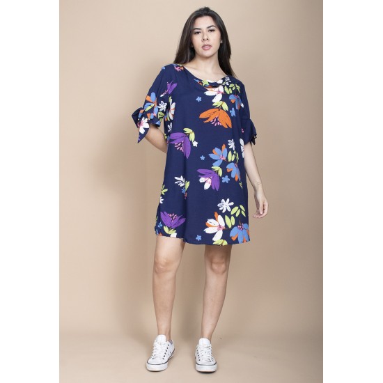 Vestido Curto Plano Estampa Festa das Flores Azul