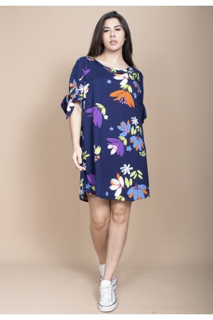 Vestido Curto Plano Estampa Festa das Flores Azul
