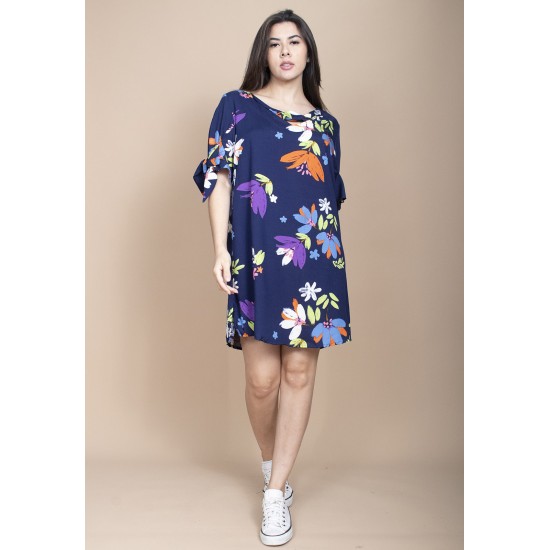 Vestido Curto Plano Estampa Festa das Flores Azul