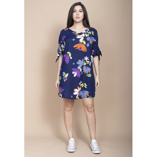 Vestido Curto Plano Estampa Festa das Flores Azul