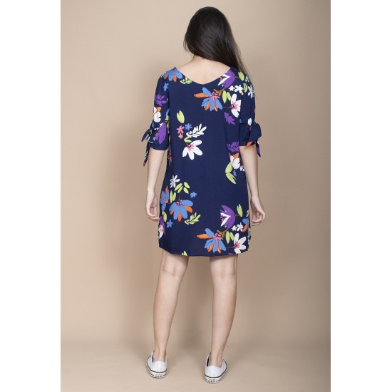 Vestido Curto Plano Estampa Festa das Flores Azul