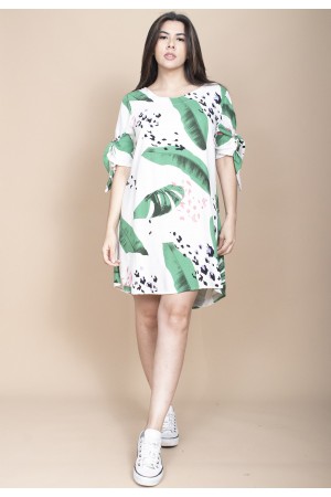 Vestido Curto Plano Estampa Folhagem Poética