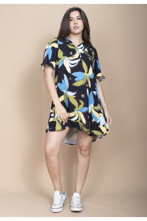 Vestido Curto Pataxô Viscose Mullet Decote V Estampa Jardim Noturno