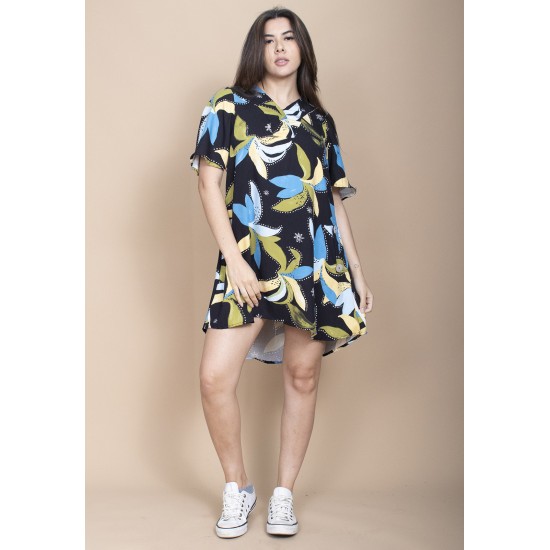 Vestido Curto Pataxô Viscose Mullet Decote V Estampa Jardim Noturno