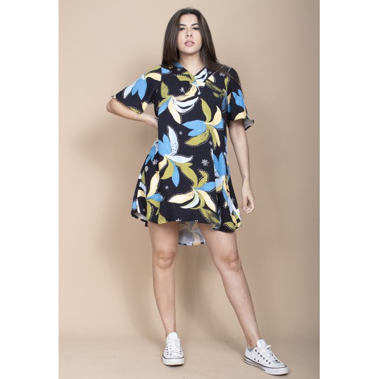 Vestido Curto Pataxô Viscose Mullet Decote V Estampa Jardim Noturno