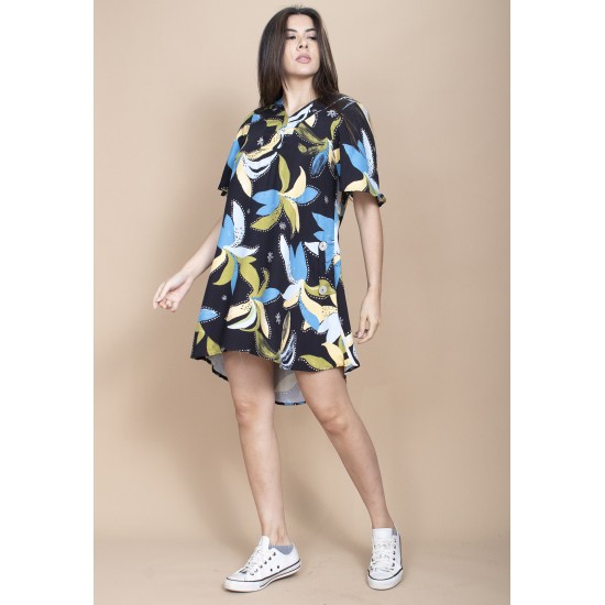 Vestido Curto Pataxô Viscose Mullet Decote V Estampa Jardim Noturno