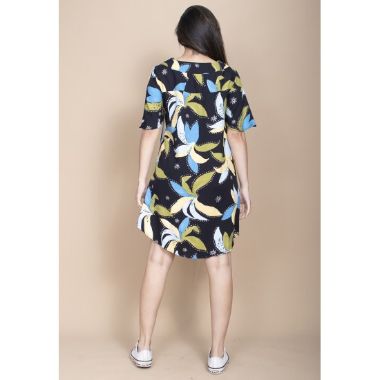 Vestido Curto Pataxô Viscose Mullet Decote V Estampa Jardim Noturno