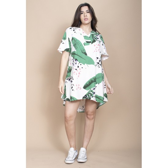 Vestido Curto Pataxô Viscose Mullet Decote V Estampa Folhagem Poética