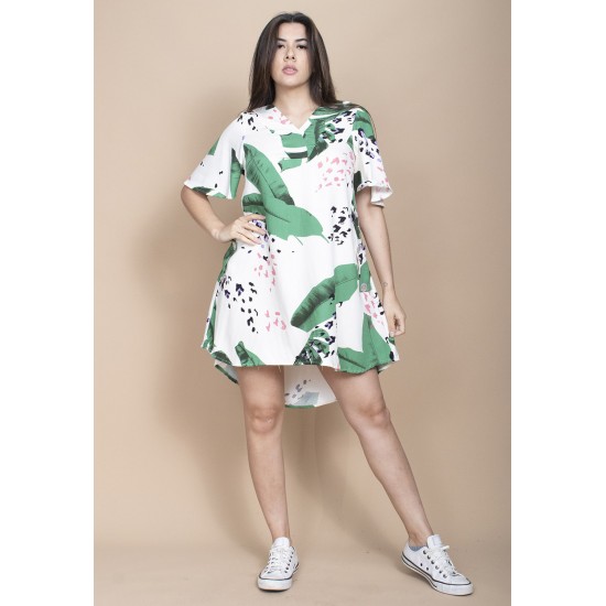 Vestido Curto Pataxô Viscose Mullet Decote V Estampa Folhagem Poética