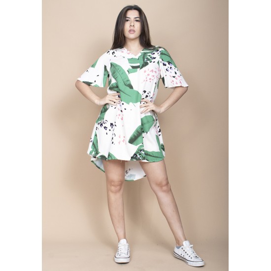 Vestido Curto Pataxô Viscose Mullet Decote V Estampa Folhagem Poética