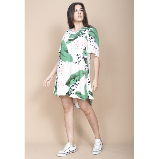 Vestido Curto Pataxô Viscose Mullet Decote V Estampa Folhagem Poética
