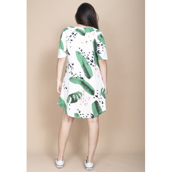 Vestido Curto Pataxô Viscose Mullet Decote V Estampa Folhagem Poética