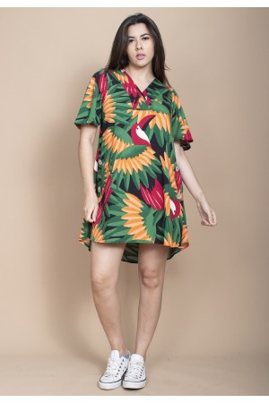 Vestido Curto Pataxô Viscose Mullet Decote V Estampa Festa do Tucanos