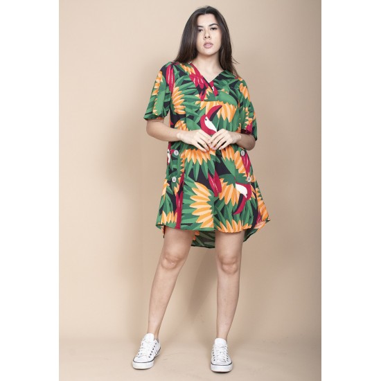 Vestido Curto Pataxô Viscose Mullet Decote V Estampa Festa do Tucanos