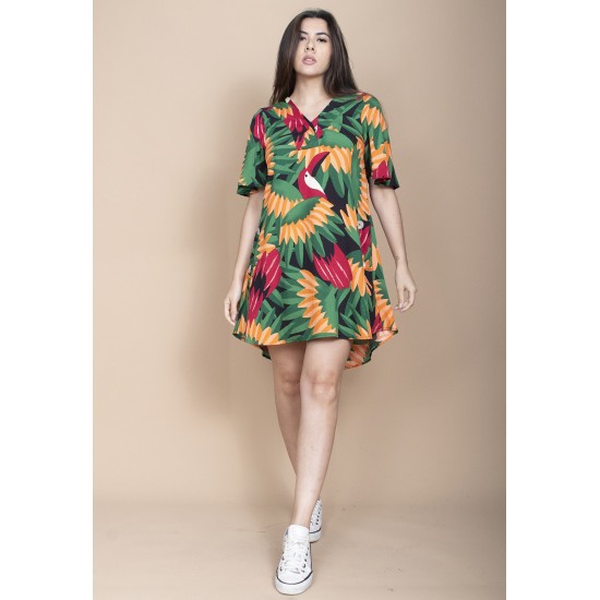 Vestido Curto Pataxô Viscose Mullet Decote V Estampa Festa do Tucanos