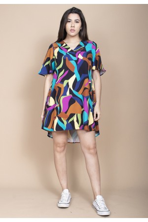 Vestido Curto Pataxô Viscose Mullet Decote V Estampa Aurora Urbana
