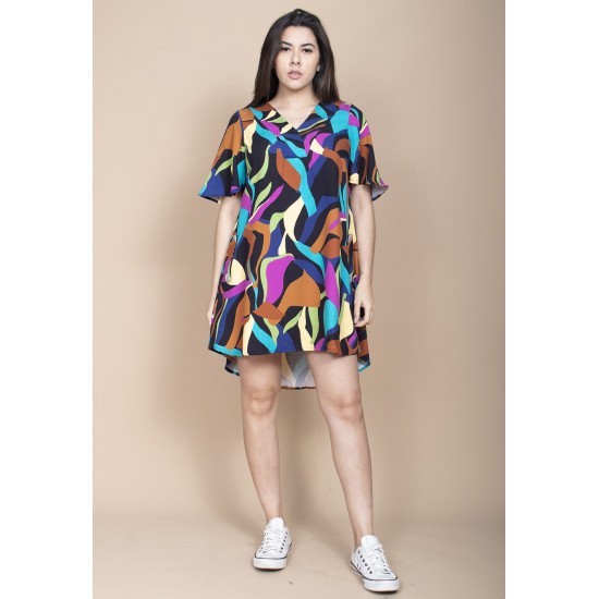 Vestido Curto Pataxô Viscose Mullet Decote V Estampa Aurora Urbana