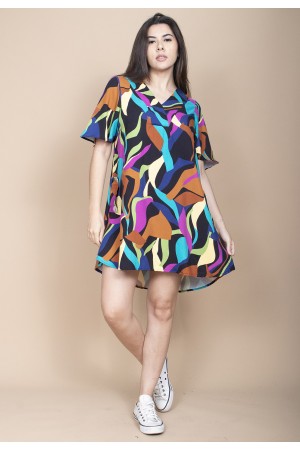 Vestido Curto Pataxô Viscose Mullet Decote V Estampa Aurora Urbana