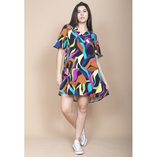 Vestido Curto Pataxô Viscose Mullet Decote V Estampa Aurora Urbana