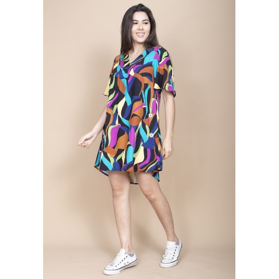 Vestido Curto Pataxô Viscose Mullet Decote V Estampa Aurora Urbana