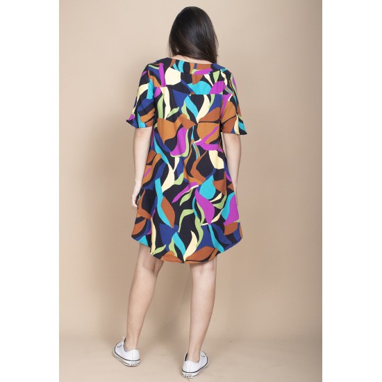 Vestido Curto Pataxô Viscose Mullet Decote V Estampa Aurora Urbana