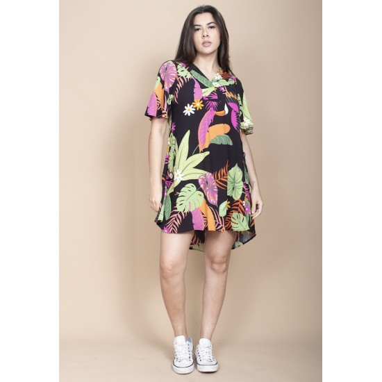 Vestido Curto Pataxô Viscose Mullet Decote V Estampa Noite Botânica