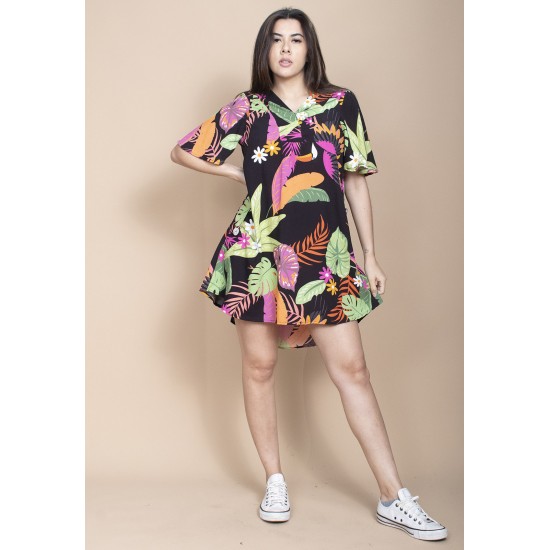 Vestido Curto Pataxô Viscose Mullet Decote V Estampa Noite Botânica