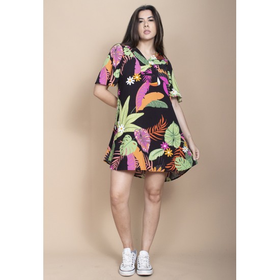 Vestido Curto Pataxô Viscose Mullet Decote V Estampa Noite Botânica