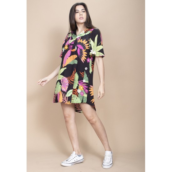 Vestido Curto Pataxô Viscose Mullet Decote V Estampa Noite Botânica