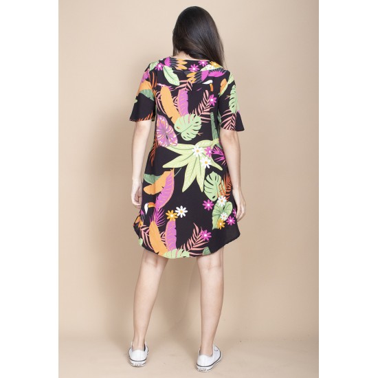 Vestido Curto Pataxô Viscose Mullet Decote V Estampa Noite Botânica