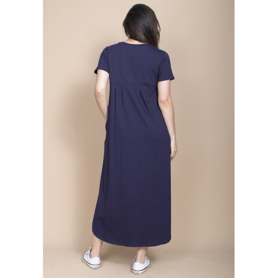 Vestido Midi Abapã Malha com Bolso Azul Marinho