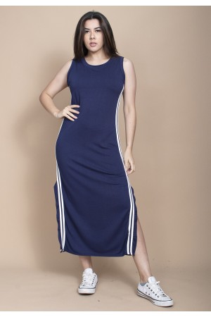 Vestido Midi Fenda Lateral Track Dress Azul Marinho