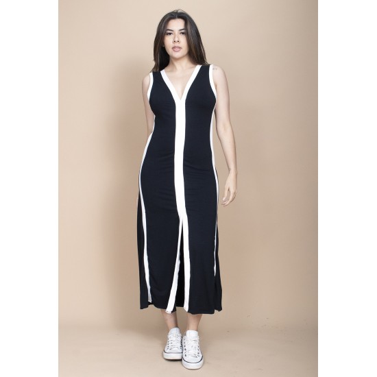 Vestido Midi Fenda Frontal Color Block Preto