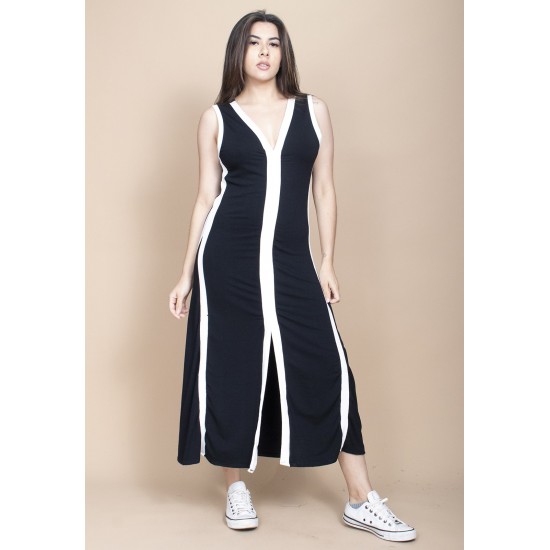 Vestido Midi Fenda Frontal Color Block Preto