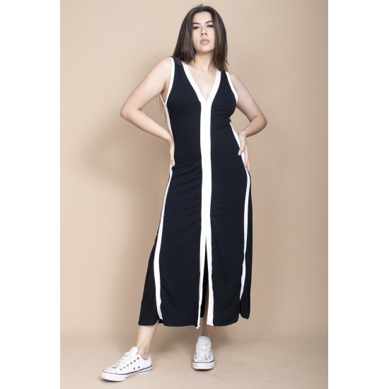 Vestido Midi Fenda Frontal Color Block Preto