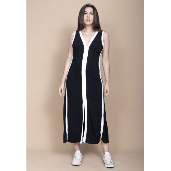Vestido Midi Fenda Frontal Color Block Preto