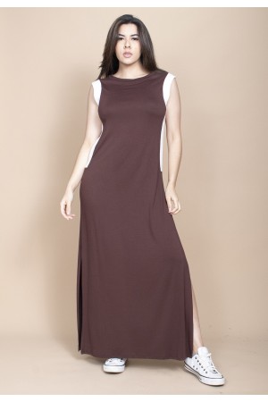 Vestido Longo Malha  Marrom com Detalhes Branco 