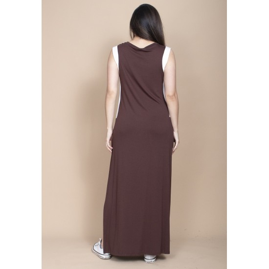 Vestido Longo Malha  Marrom com Detalhes Branco 