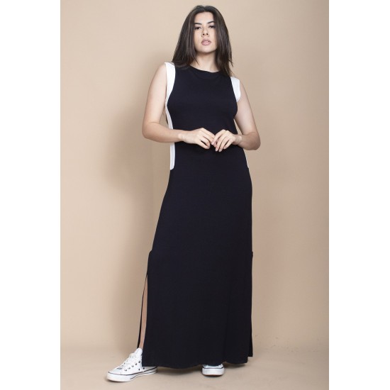 Vestido Longo Malha Preto com Detalhes Branco Black White