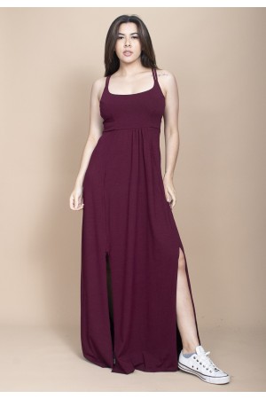 Vestido Longo Jambo Malha Aberturas Bordô