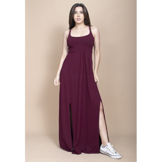 Vestido Longo Jambo Malha Aberturas Bordô