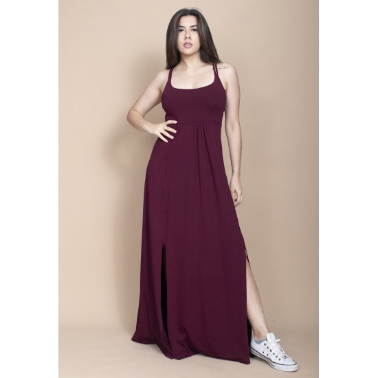 Vestido Longo Jambo Malha Aberturas Bordô