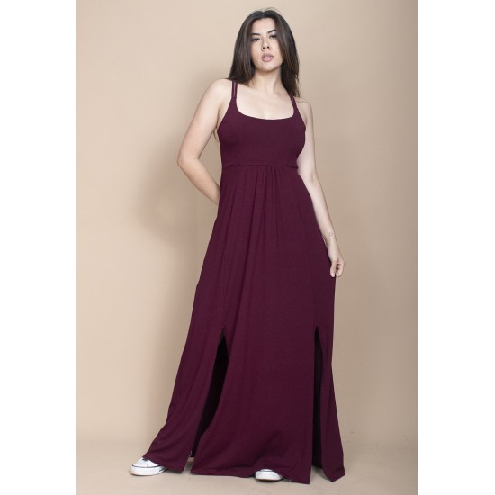Vestido Longo Jambo Malha Aberturas Bordô